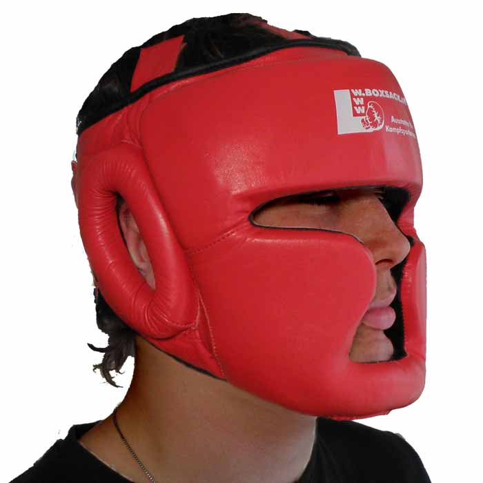 Kopfschutz aus Leder mit Wangenschutz in Rot mehr auf 
