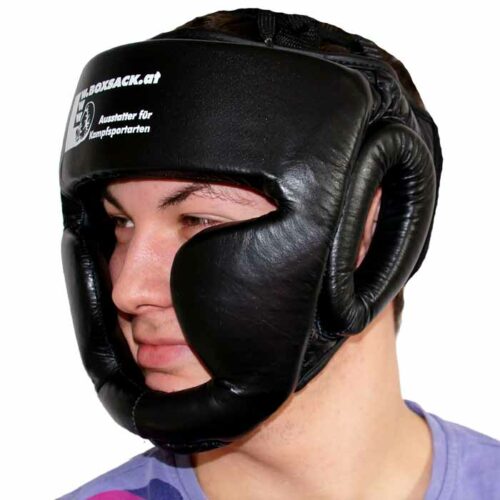 Kopfschutz aus Rinderleder Farbe Schwarz mit Kinn und Ohrenschutz